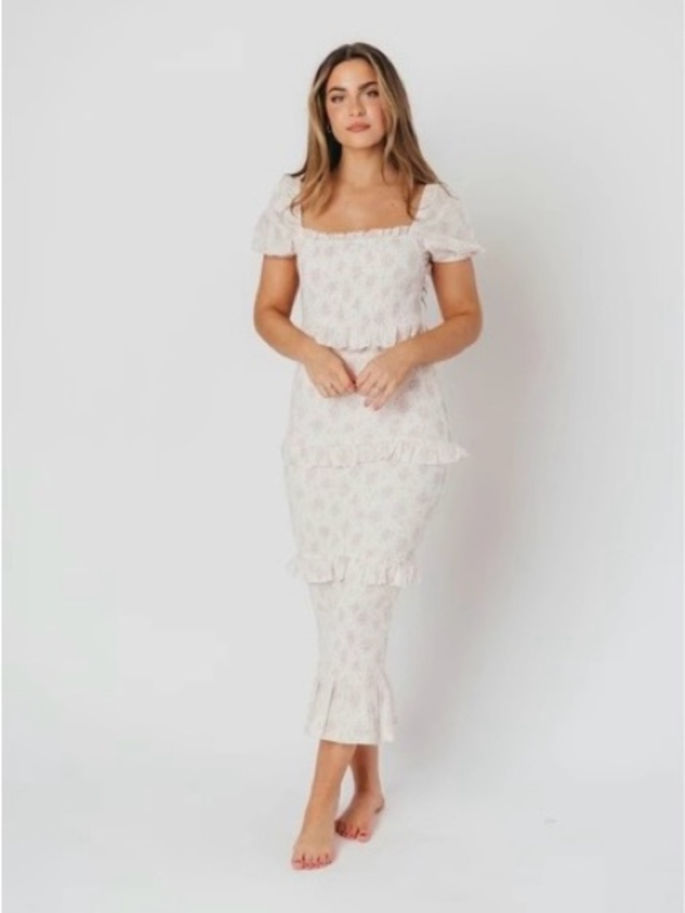 Women's Cream Floral Midi Dress with Ruffle Details